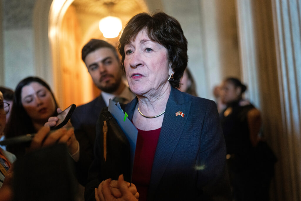 Sen. Susan Collins (R-Maine) talks with reporters at the U.S. Capitol on April 1 in Washington, D.C. Credit: Tom Williams/CQ-Roll Call, Inc via Getty Images