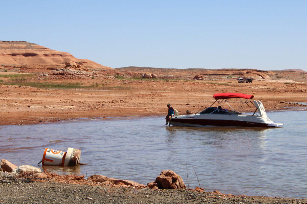 Water levels sit low in Lake Powell near Bullfrog, Utah, on Sept. 15. Negotiations to manage the shrinking reservoir and the rest of the Colorado River system may be more difficult without federal leadership. Credit: Alex Hager/KUNC