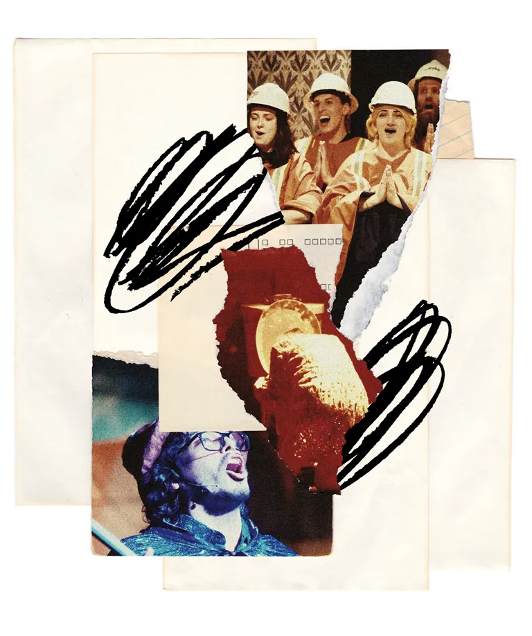 A ilustração fotográfica mostra quatro membros de um coral usando chapéus e dois outros atores na ópera de rock da bacia hidrográfica.