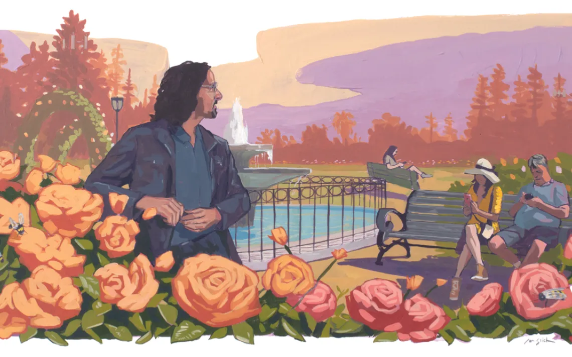 A ilustração mostra o perfil de um homem com uma roseira em primeiro plano, olhando para pessoas sentadas em bancos ao lado de uma fonte.