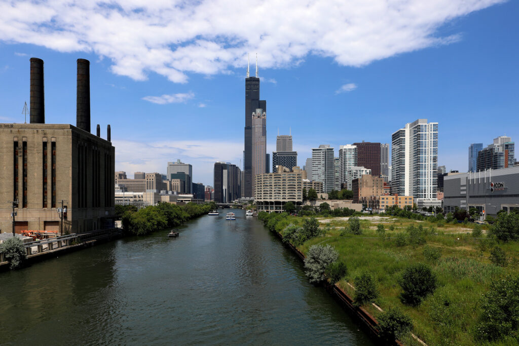 A view of the south branch of the Chicago River with downtown Chicago in the background. Credit: Raymond Boyd/Getty Images