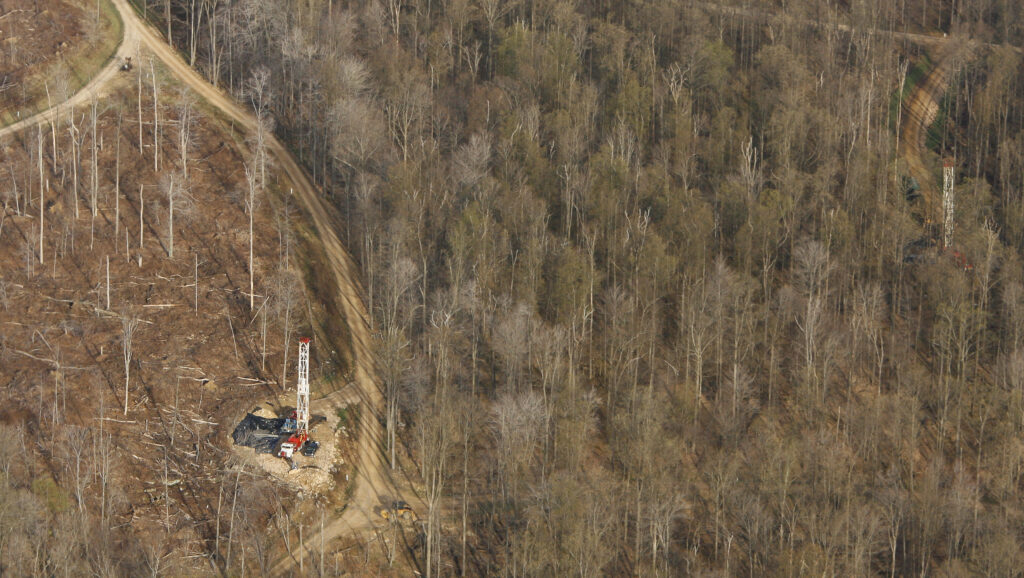 An oil rig drills near Salmon Creek in Pennsylvania