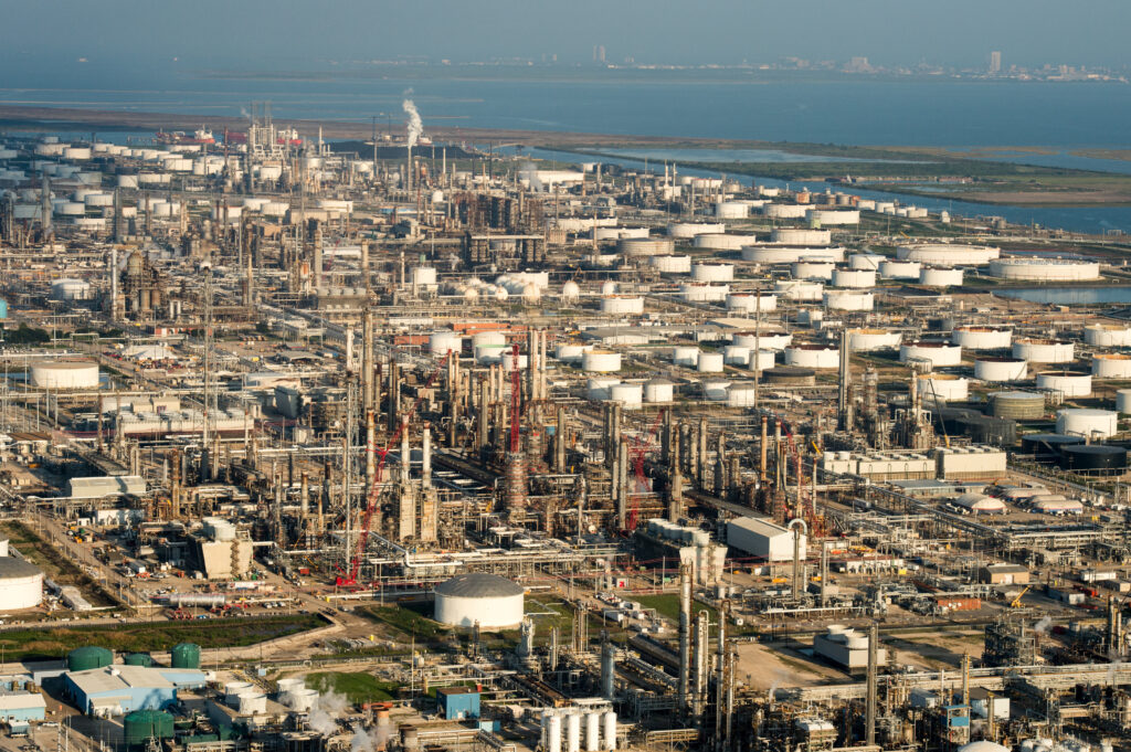 Oil refineries off of the Houston Ship Channel in Houston, Texas. According to the United Nations, "fossil fuels – coal, oil and gas – are by far the largest contributor to global climate change, accounting for around 68 per cent of global greenhouse gas emissions and nearly 90 per cent of all carbon dioxide emissions." Credit: Ken Cedeno/Corbis via Getty Images