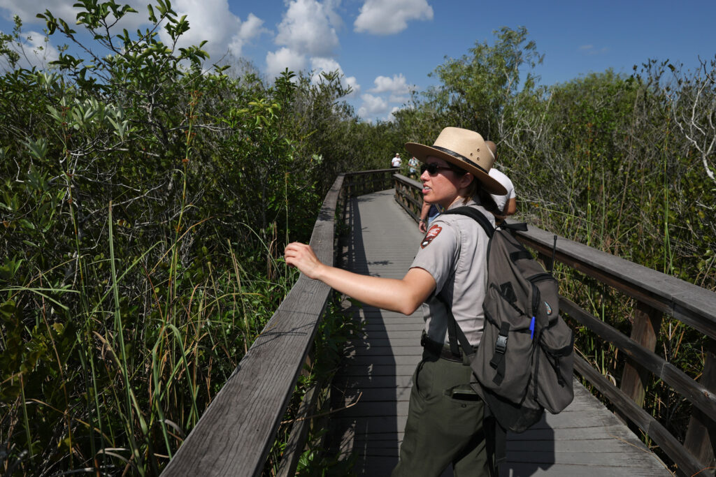 A National Park Service ranger conducts a walking tour through Shark Valley in Everglades National Park on April 17, 2025. Credit: Joe Raedle/Getty Images