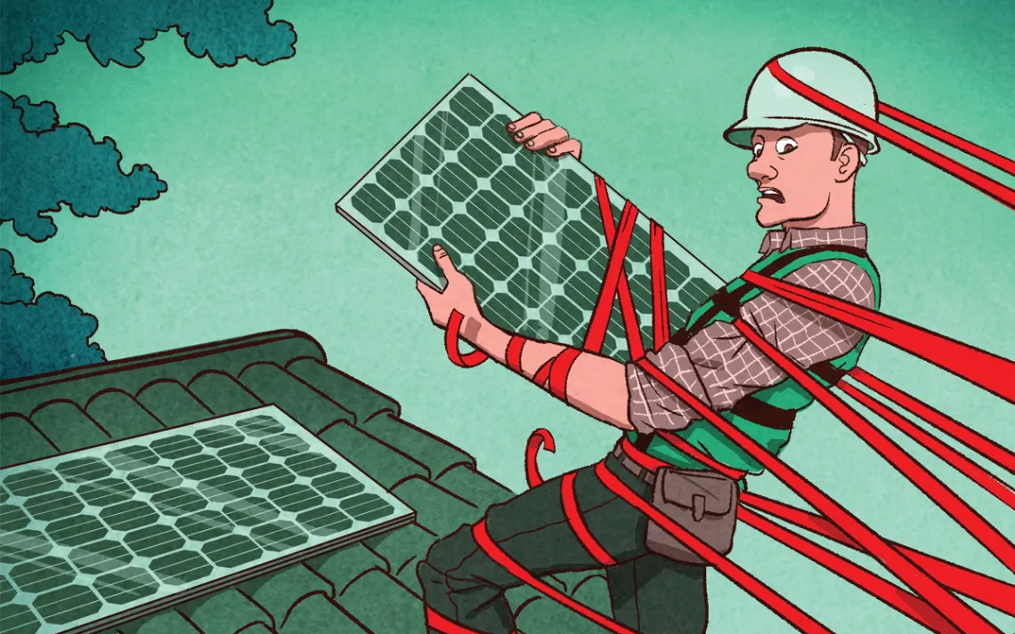 A ilustração mostra um trabalhador em um telhado instalando painéis solares com fita vermelha enrolada em volta dele, puxando-o para trás.