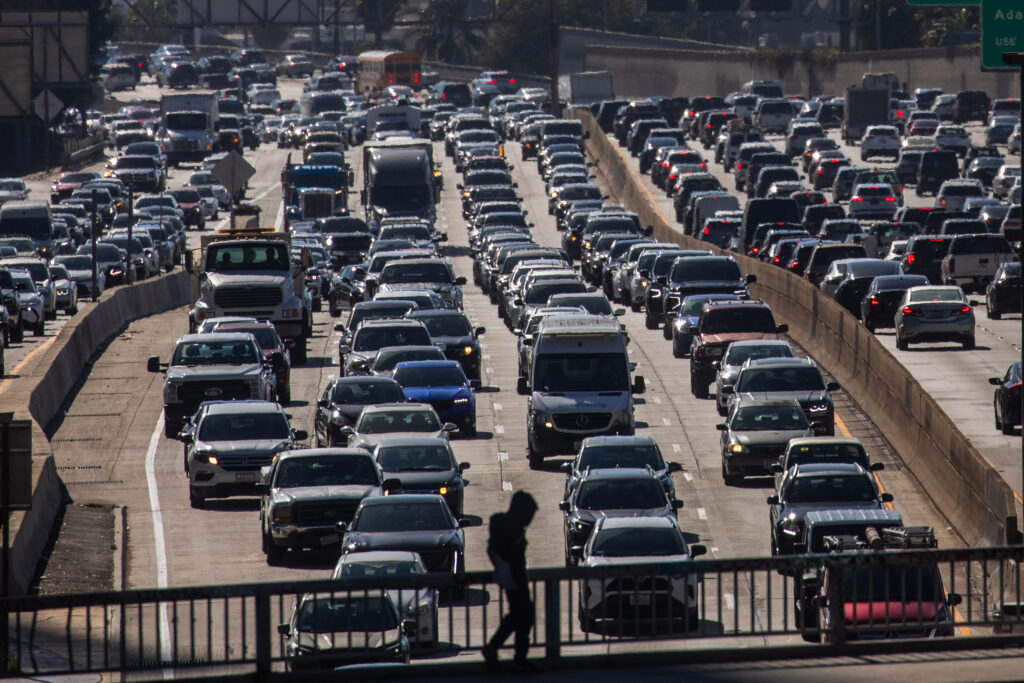 Heavy traffic is seen on Interstate 110 in Los Angeles on Feb. 13. Tim Whitehouse, executive director of Public Employees for Environmental Responsibility, said the EPA has stopped enforcing the Clean Air Act under the second Trump administration. Credit: Apu Gomes/Getty Images