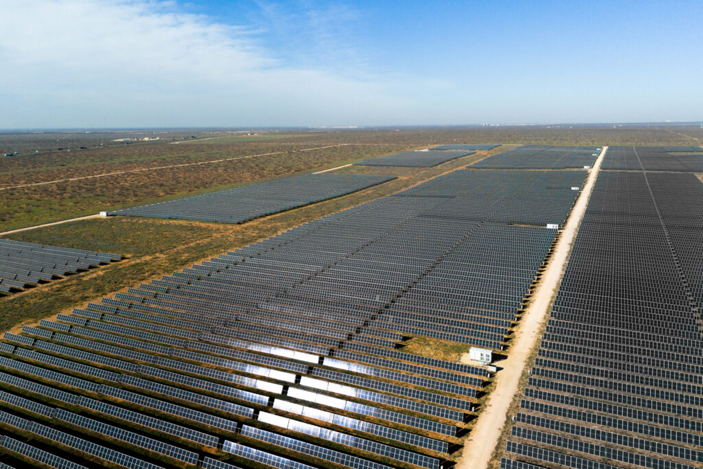 An aerial view of a solar farm in Ector County, Texas. Credit: Brandon Bell/Getty Images