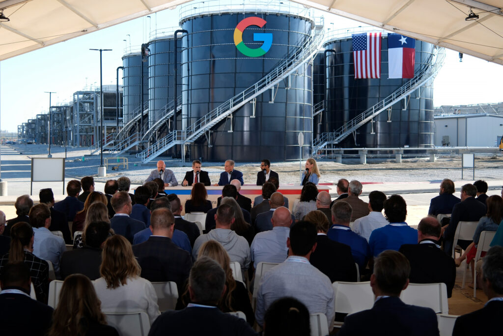 Texas Gov. Greg Abbott leads a panel with Alphabet and Google CEO Sundar Pichai at Google’s data center in Midlothian on Nov. 14, 2025. Credit: Ron Jenkins/Getty Images