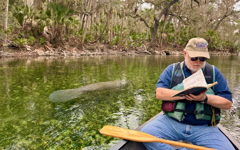 Wayne revisando suas anotações enquanto peixes-boi flutuam abaixo. 