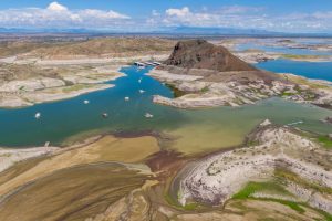 An aerial view of Elephant Butte Reservoir along the Rio Grande near Truth or Consequences, N.M., in August 2022. Credit: Mitch Tobin/The Water Desk