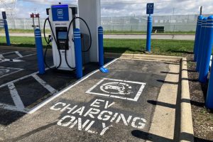 The charging station at the Pilot Travel Center near London, Ohio, was set up by a partnership between General Motors, Pilot Company and EVgo, with some funding from the federal government. Credit: Dan Gearino/Inside Climate News