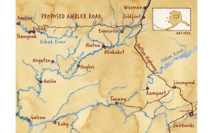 O mapa ilustrado mostra o local da proposta Ambler Road no norte do Alasca.