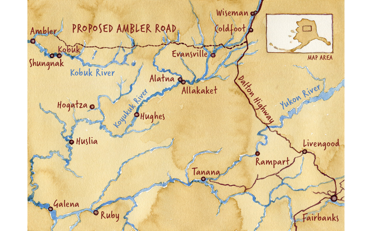 O mapa ilustrado mostra o local da proposta Ambler Road no norte do Alasca.