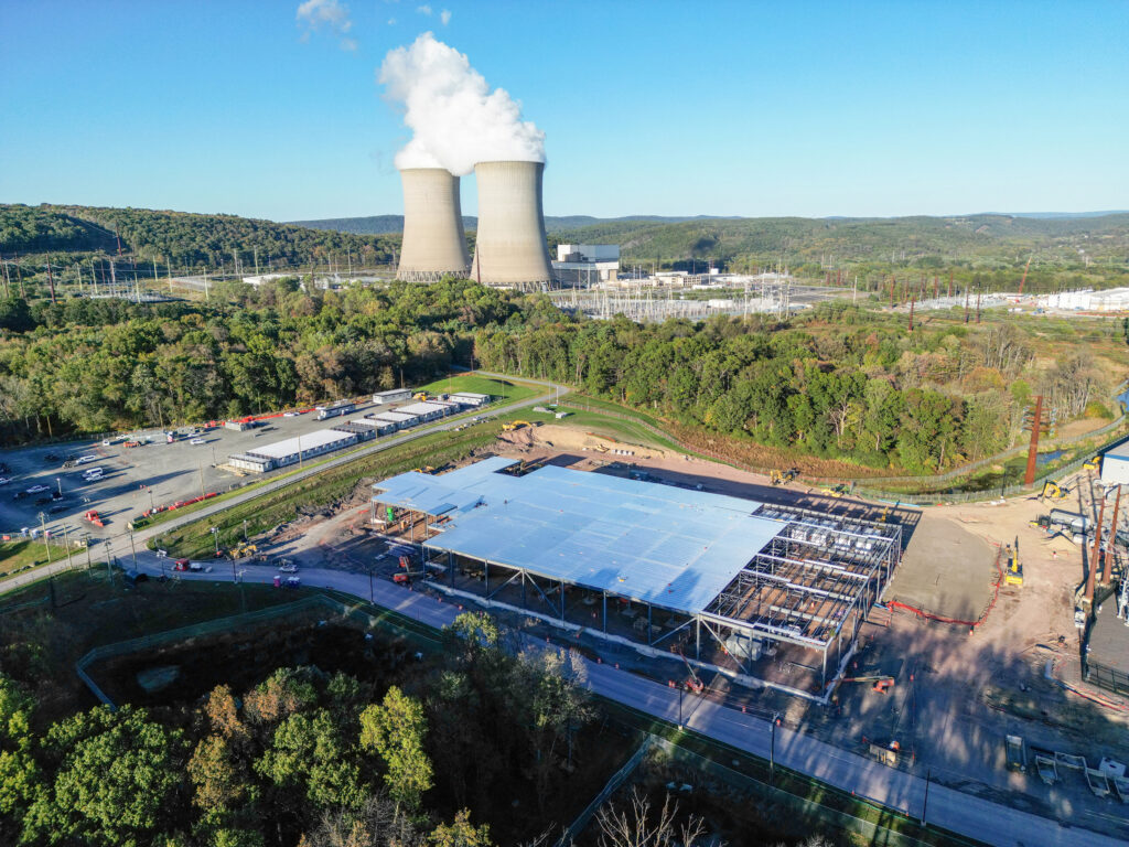 Construction of an Amazon data center is seen in front of Talen Energy’s nuclear power plant in Salem Township on Oct. 10, 2025. Credit: Jason Ardan/Citizens