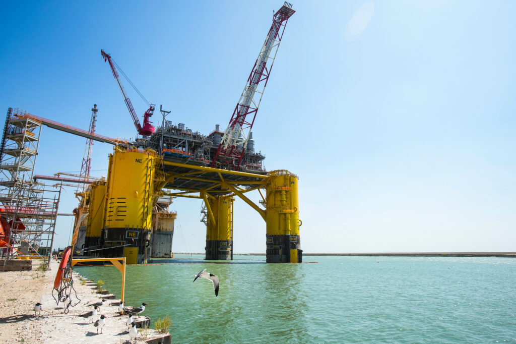 A seagull takes flight near the construction of a Shell oil platform in the Gulf of Mexico in 2022. Credit: Brett Coomer/Houston Chronicle via Getty Images