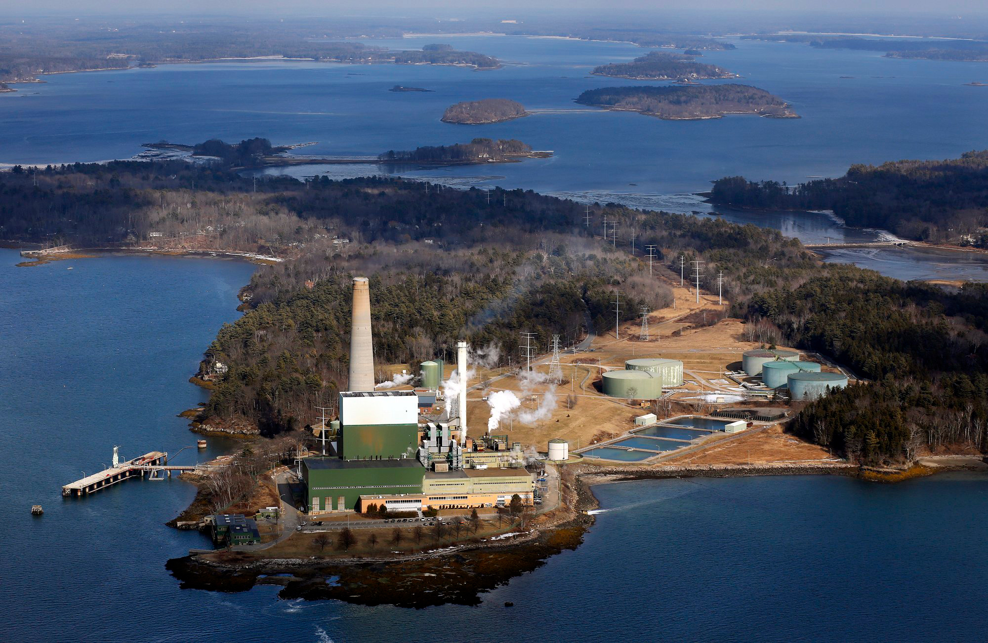 An aerial view of the Wyman Power Station, a peaker plant, on Cousins Island in Yarmouth, Maine. Credit: Gabe Souza/Portland Press Herald via Getty Images