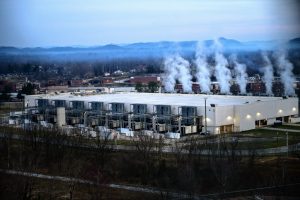 Mist rises from the cooling towers of Google’s data center in Lenoir, N.C. Credit: Google