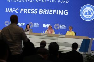 Attendees ask questions during a press briefing following a meeting of the World Bank and International Monetary Fund on Friday in Washington, D.C. Credit: Kent Nishimura/AFP via Getty Images