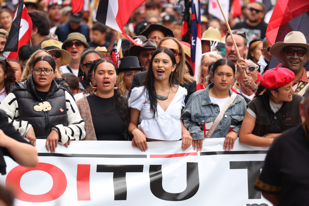 Māori communities march to advocate for the interpretation of the Treaty of Waitangi and Indigenous rights on Nov. 19, 2024, in Wellington, New Zealand. Credit: Hagen Hopkins/Getty Images