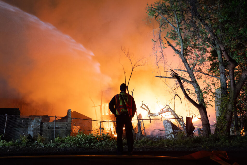 Flames rise over Belleville Township, N.J, as firefighters battle a 14-alarm blaze on May 3. Credit: Lokman Vural Elibol/Anadolu via Getty Images