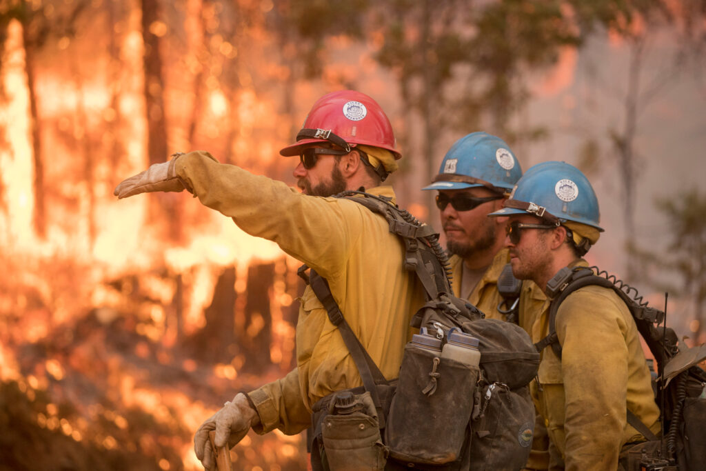 Um capitão do Sierra Hotshots orienta os membros da tripulação durante uma operação de queima perto de Jerseydale, Califórnia, enquanto o incêndio Ferguson queima na Floresta Nacional de Sierra em 22 de julho de 2018. Crédito: Kari Greer/Serviço Florestal dos EUA