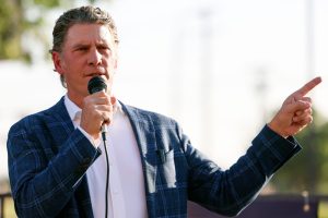 Bo French speaks as the Tarrant County Republican Party Chair during a rally in Mansfield on April 15, 2025. Credit: Shafkat Anowar/The Dallas Morning News via Getty Images