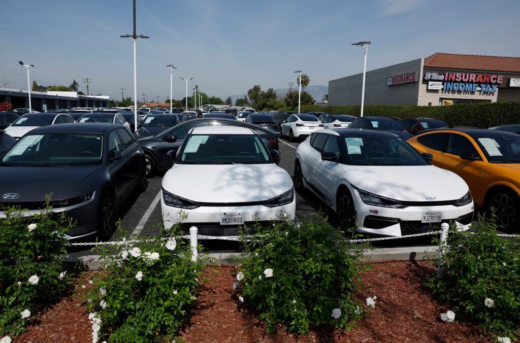 Used EVs sit on a sales lot on March 30 in West Covina, Calif. Credit: Justin Sullivan/Getty Images