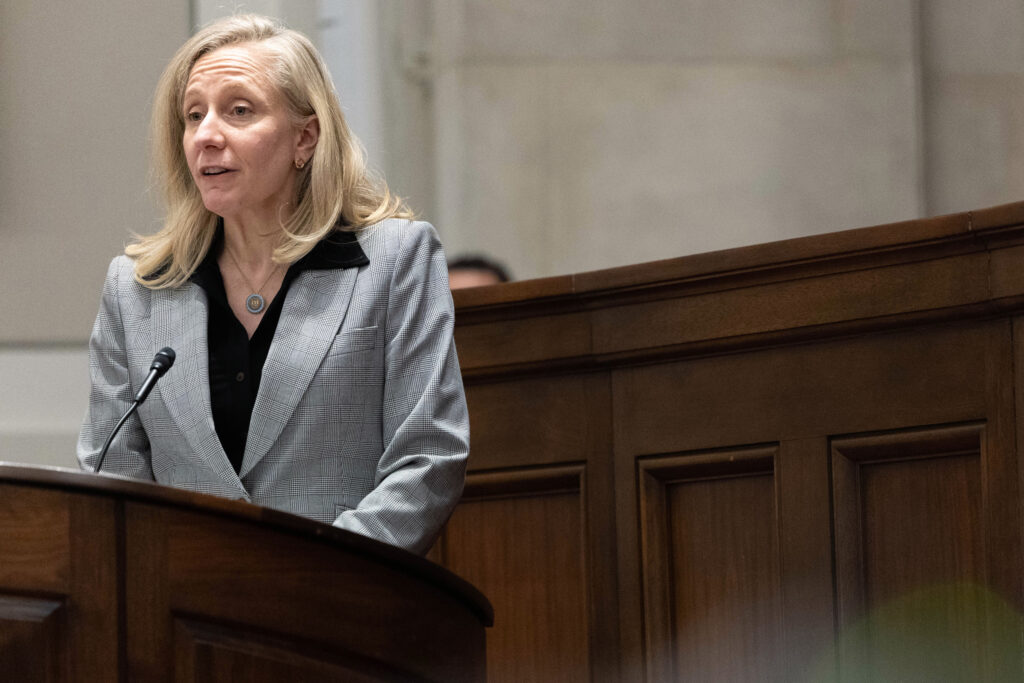 Gov. Abigail Spanberger speaks in the chamber of the Supreme Court of Virginia on March 2 in Richmond. Credit: Mike Kropf-Pool/Getty Images