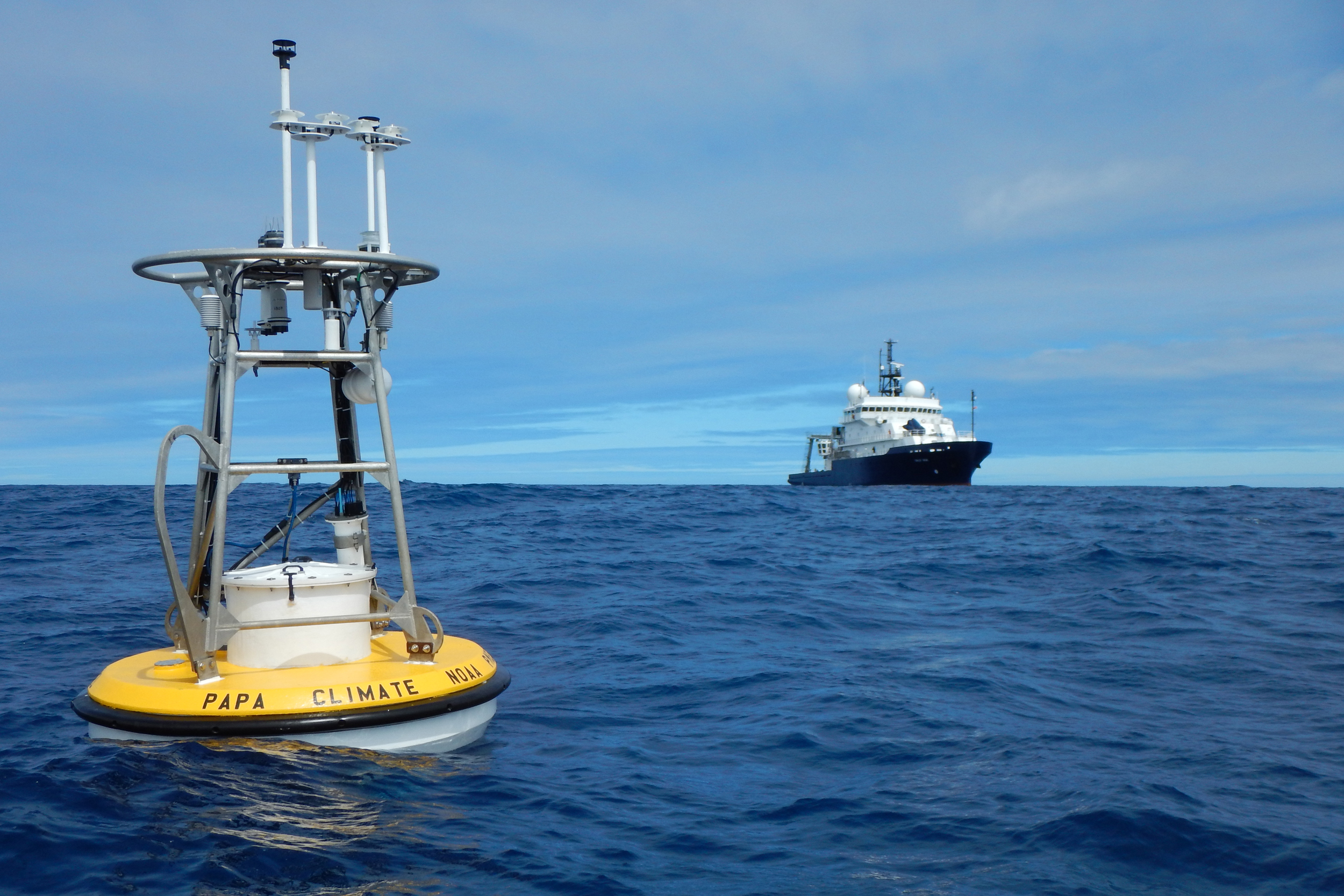 Uma bóia Ocean Station Papa flutua nas águas do Golfo do Alasca. Crédito: NOAA