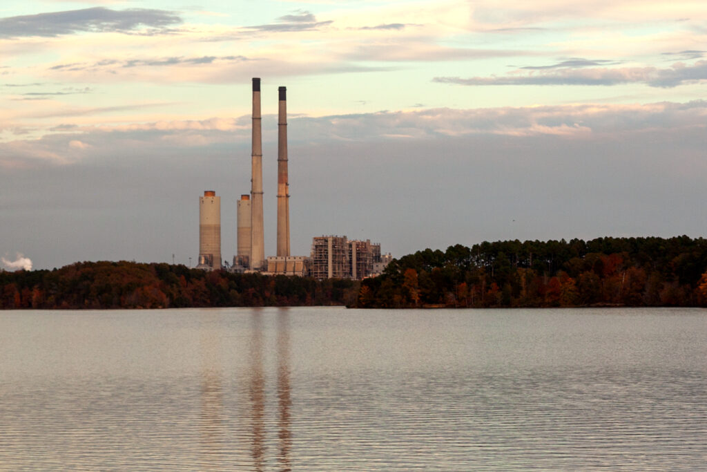 Duke Energy’s coal-fired Roxboro plant sits on the shores of Hyco Lake in Person County. Credit: Lisa Sorg/Inside Climate News