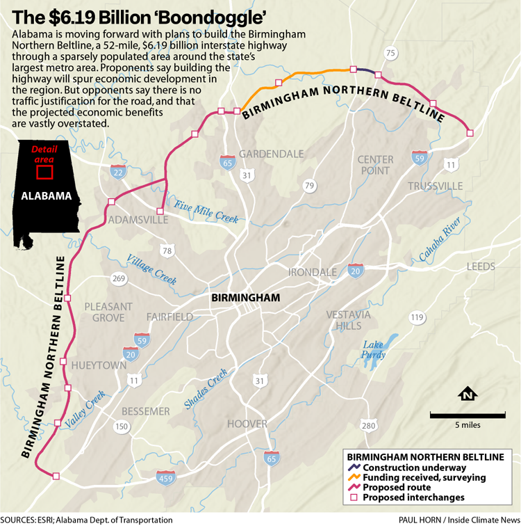 Um mapa localizador mostra onde o Birmingham Northern Beltline está planejado para ser construído.