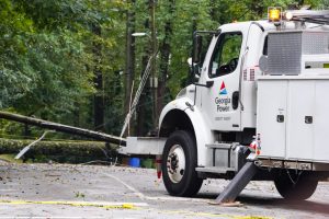 Georgia Power responds to a fallen utility pole in Atlanta on Sept. 27, 2024, after Hurricane Helene hit the area. Credit: Megan Varner/Getty Images