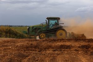 A tractor berms soil for almond trees on a farm near Lodi, Calif., on Oct. 13, 2025. Credit: Patrick T. Fallon/AFP via Getty Images