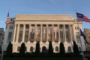 A Freedom 250 banner celebrating America’s 250th birthday hangs at the U.S. Department of Agriculture building on June 2 in Washington, D.C. Credit: Kevin Carter/Getty Images