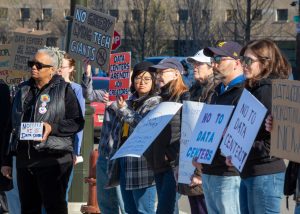 Michigan residents rally against data centers on April 11 in Detroit, one of six protests held across the state. Credit: Jim West/Universal Images Group via Getty Images