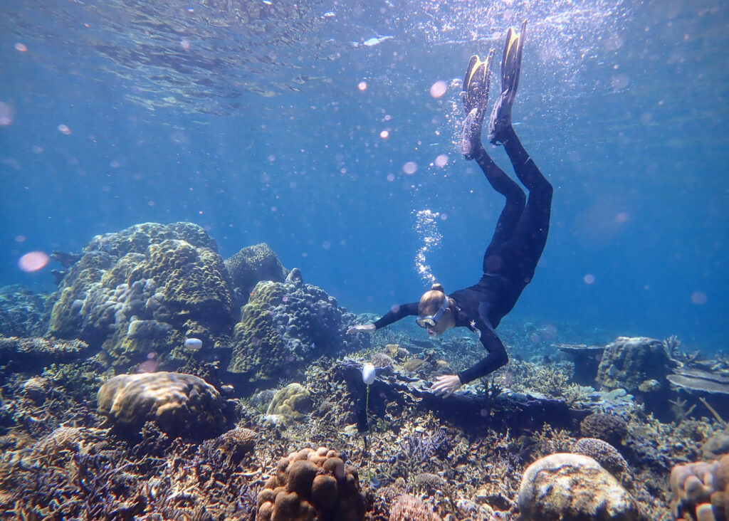 Um pesquisador instala um gravador de áudio em um recife de coral em Sulawesi, na Indonésia. Crédito: Tim Lamont