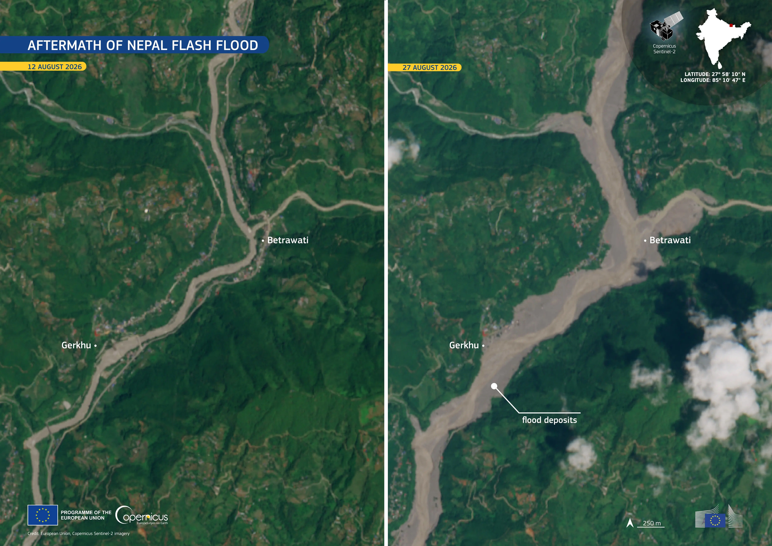 Esta comparação de imagens adquiridas por um dos satélites Copernicus Sentinel-2 mostra a área ao redor de Betrawati e Gerkhu antes e depois da enchente repentina de quarta-feira. Crédito: imagens da União Europeia/Copernicus Sentinel-2