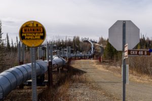 The Trans-Alaska Pipeline flows through a landscape near Coldfoot, Alaska. Credit: Lance King/Getty Images