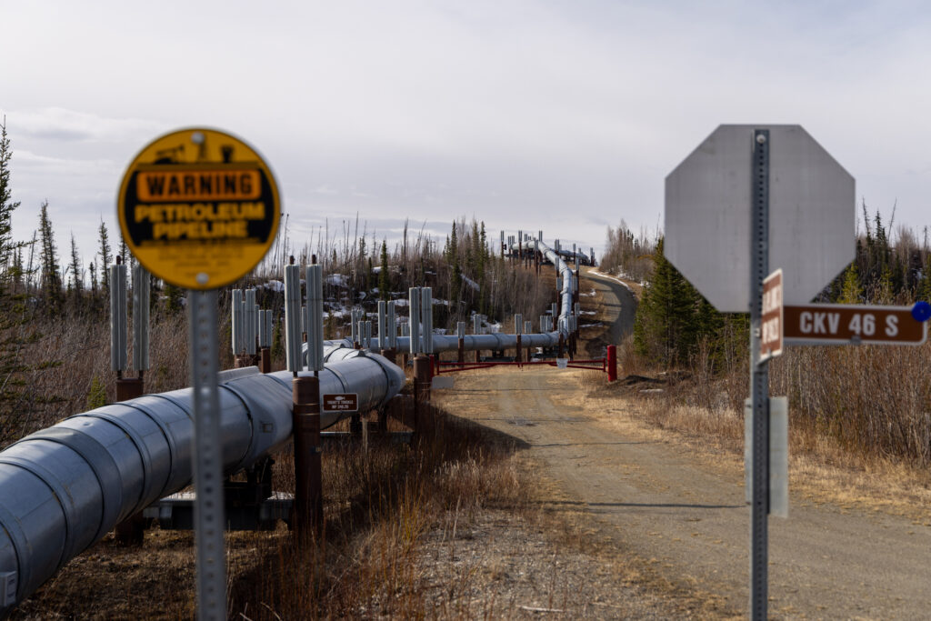 The Trans-Alaska Pipeline flows through a landscape near Coldfoot, Alaska. Credit: Lance King/Getty Images