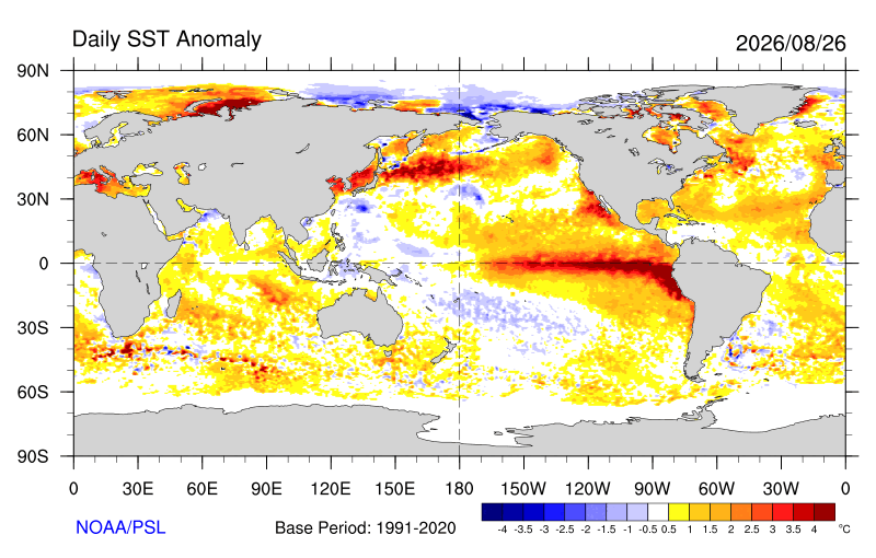 Um mapa climático federal mostra que as temperaturas da superfície do mar no leste do Oceano Pacífico tropical na quarta-feira estão até 7 graus Fahrenheit acima da média, à medida que um El Niño que aquece o planeta se intensifica na região. Crédito: NOAA/PSL