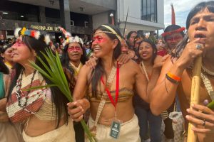 Waorani protesters march through Puyo, Ecuador, on Aug. 21.