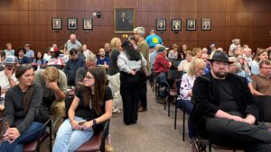 Opponents of Maymead’s proposed asphalt plant petition Forsyth County Commissioners on Aug. 27 to halt the project. Credit: Lisa Sorg/Inside Climate News
