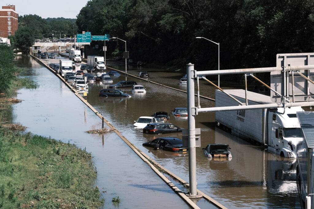 Cars sit abandoned on the flooded Major Deegan Expressway following a night of heavy wind and rain from the remnants of Hurricane Ida in New York City on Sept. 2, 2021. Credit: Spencer Platt/Getty Images