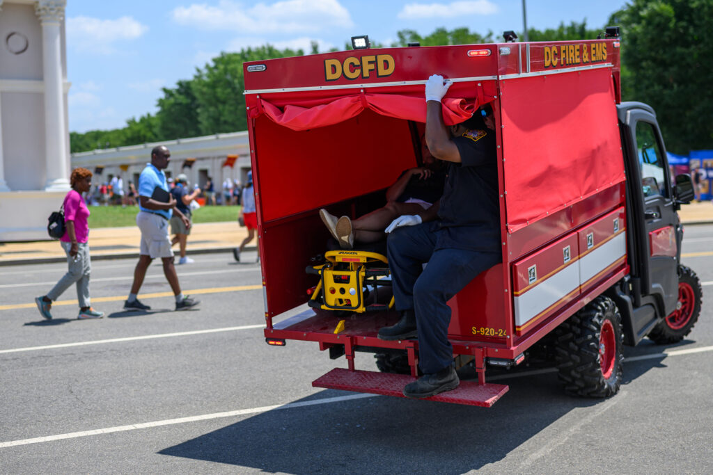 Washington, D.C., Fire and EMS transport a National Mall visitor as temperatures reach above 100 degrees Fahrenheit on July 3. Credit: Alexi J. Rosenfeld/Getty Images