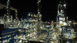 Aerial photo taken on Nov. 21, 2019 shows a night view of a factory of Petrochina Liaoyang Petrochemical Company in Liaoyang, northeast China