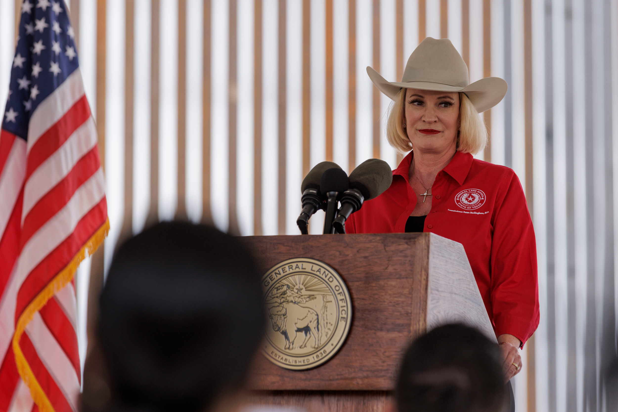 Texas Land Commissioner Dawn Buckingham speaks at a news conference to commemorate state-sponsored border wall construction on Nov. 26, 2024, in La Casita-Garciasville, Texas. Credit: Michael Gonzalez/Getty Images