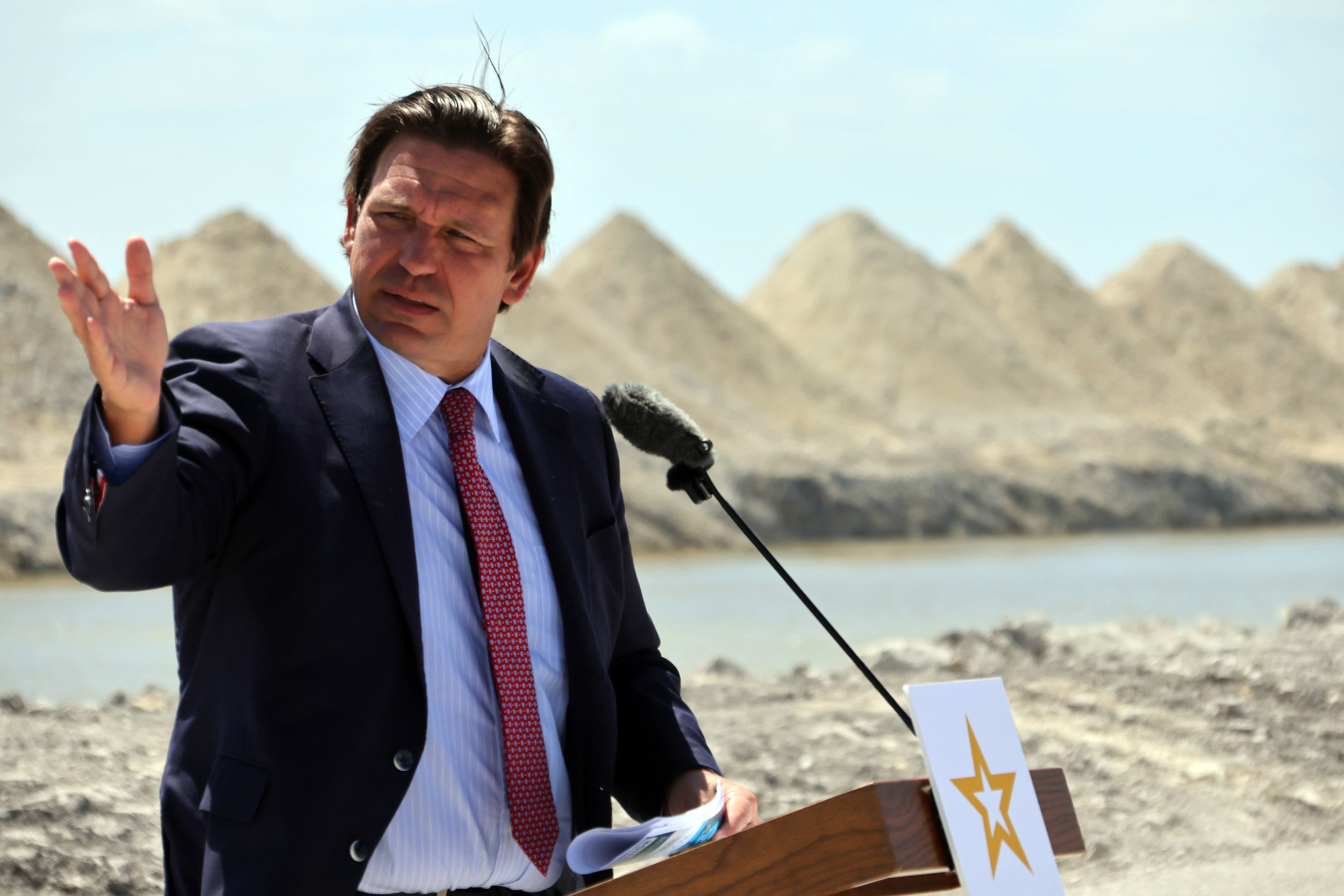 Florida Gov. Ron DeSantis speaks during a news conference at the EAA A-2 Reservoir Everglades restoration project in South Bay on April 13. Credit: Joe Cavaretta/South Florida Sun Sentinel/Tribune News Service via Getty Images