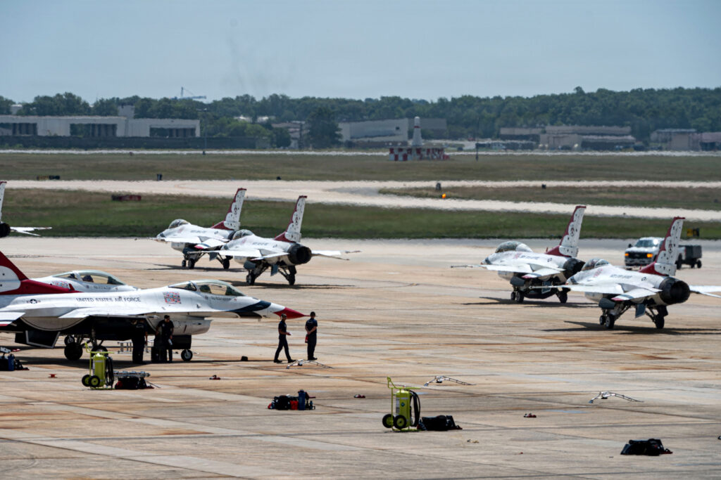 U.S. Air Force F-16 Fighting Falcons with the Thunderbirds squadron sit at Joint Base Andrews in Maryland on July 3. Credit: Tylan Alicea/U.S. Air Force