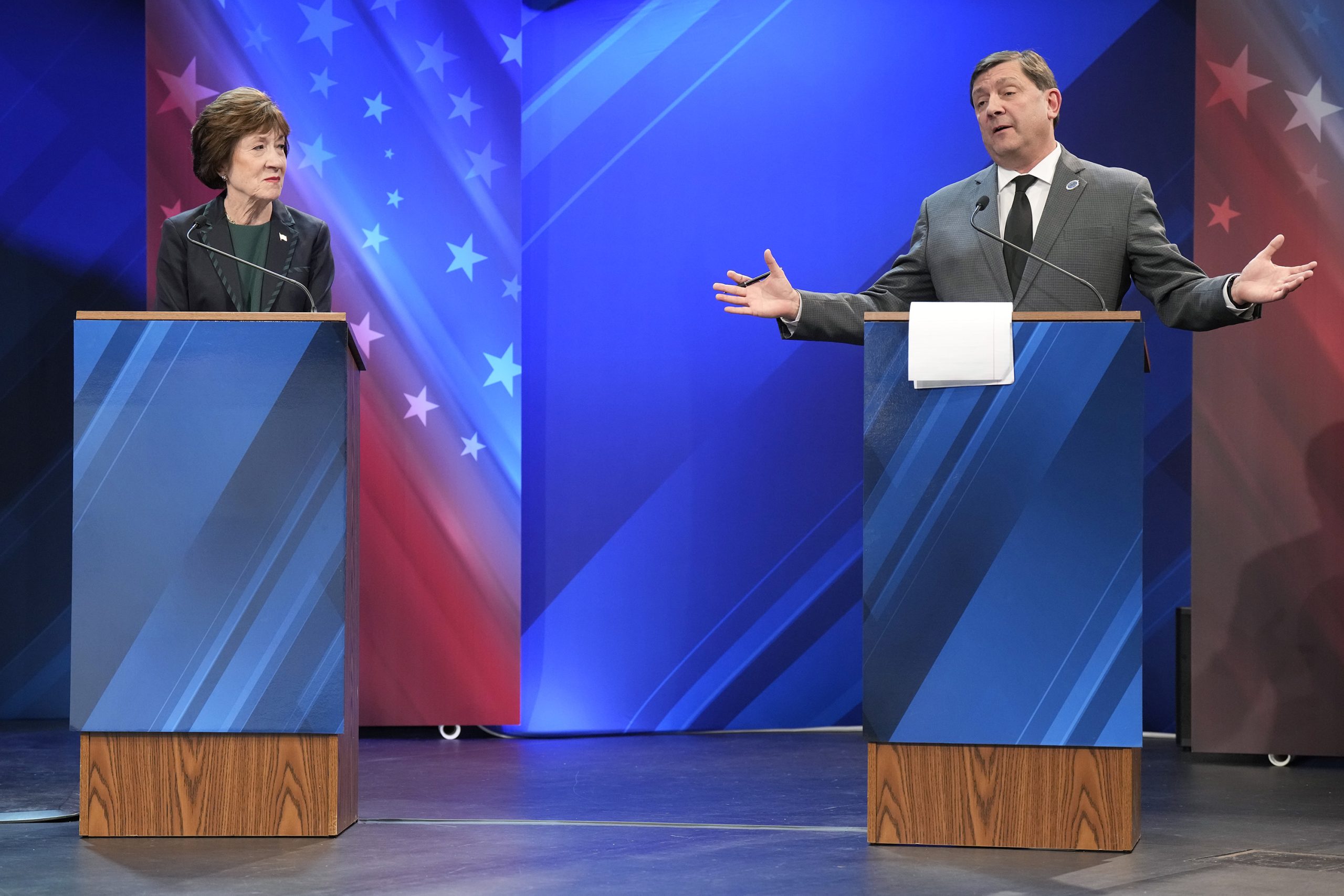U.S. Sen. Susan and former Maine Senate President Troy Jackson debate at Husson University in Bangor, Maine, on Oct. 15, 2026. Credit: Gregory Rec/Portland Press Herald, via Getty Images.