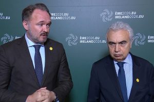Dan Jørgensen, European Commissioner for Energy and Housing, and Fatih Birol, executive director of the International Energy Agency, called for a temporary pause in a part of the European Union’s methane regulation related to oil and gas imports at a meeting of European energy ministers in Dublin on Tuesday. Credit: European Union